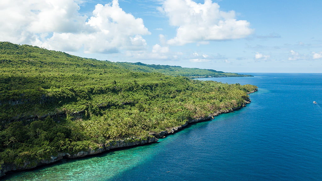 Uno scorcio della costa di una delle isole di Wakatobi interamente ricoperta da fitta vegetazione tropicale e sulla destra il blu profondo del mare